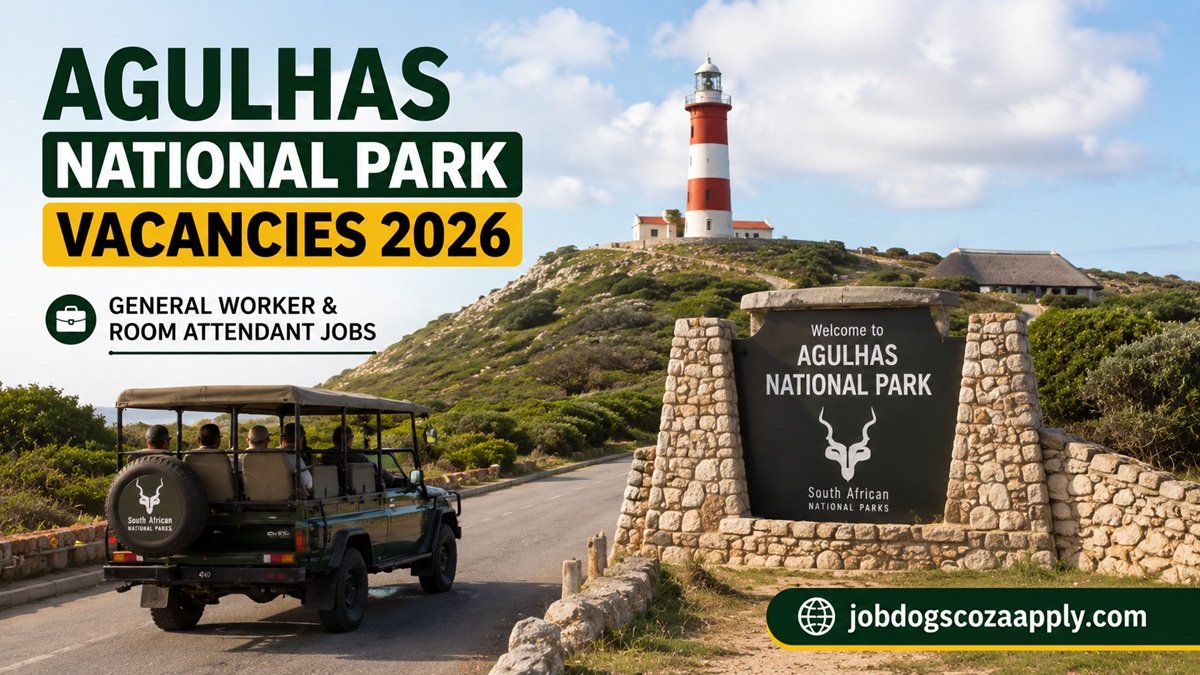 The entrance to Agulhas National Park with a safari vehicle and lighthouse, representing Agulhas National Park Vacancies 2026 at SANParks.