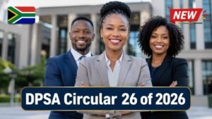 DPSA Circular 26 of 2026 featuring South African government employees in front of a government building announcing the latest government vacancies.