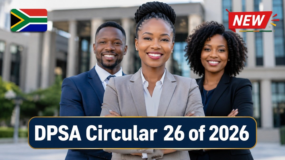 DPSA Circular 26 of 2026 featuring South African government employees in front of a government building announcing the latest government vacancies.