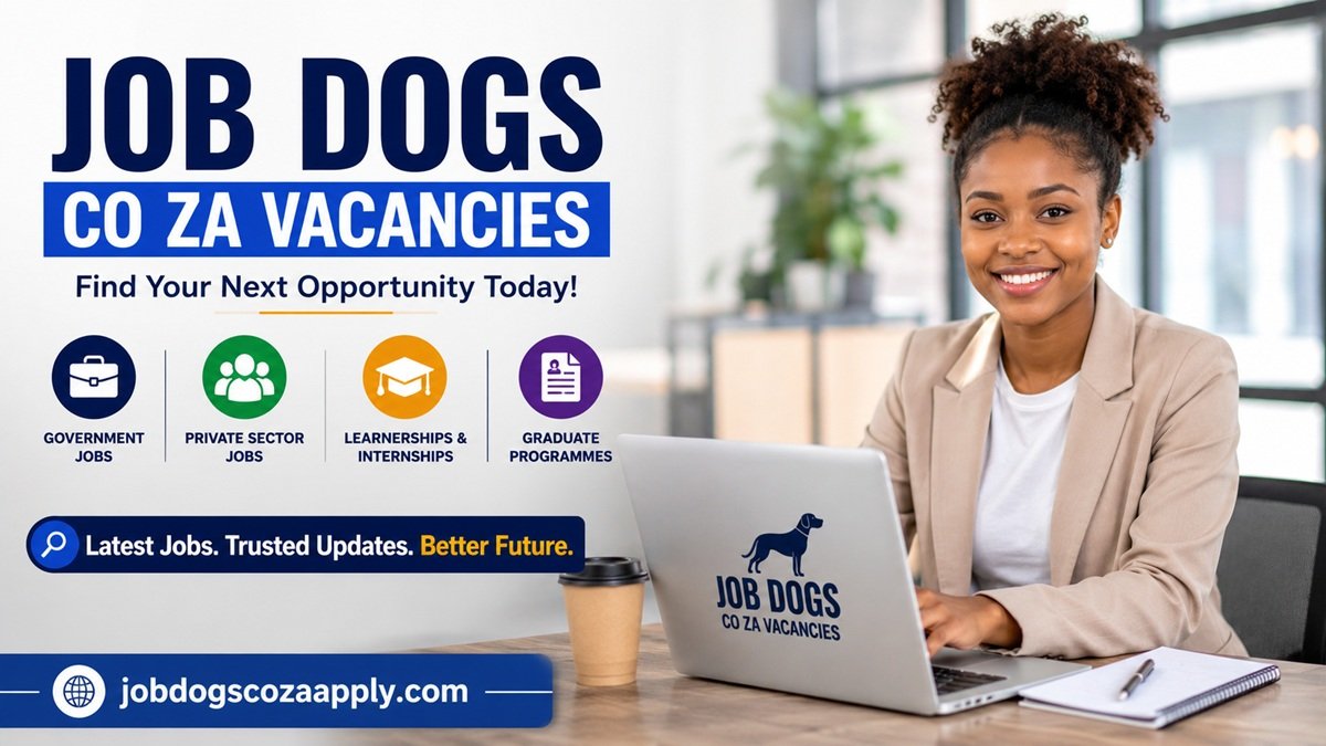 Professional South African job seeker using a laptop while searching Job Dogs co za Vacancies, featuring the latest government jobs, private sector vacancies, learnerships, internships, and graduate programmes.