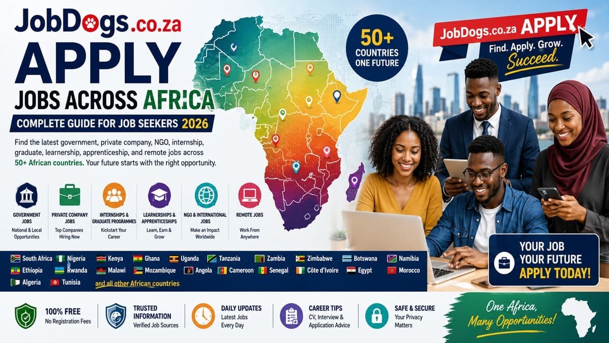 A diverse group of African professionals searching and applying for jobs online through JobDogs.co.za Apply. The image highlights career opportunities, government jobs, private company vacancies, internships, graduate programmes, and remote jobs across Africa.