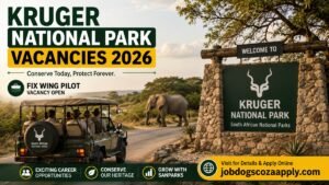 A safari vehicle enters Kruger National Park while an elephant walks nearby, representing Kruger National Park Vacancies 2026 at SANParks.