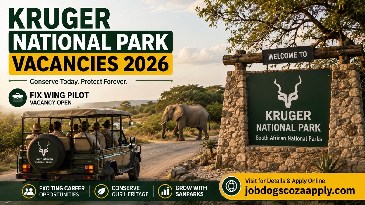 A safari vehicle enters Kruger National Park while an elephant walks nearby, representing Kruger National Park Vacancies 2026 at SANParks.