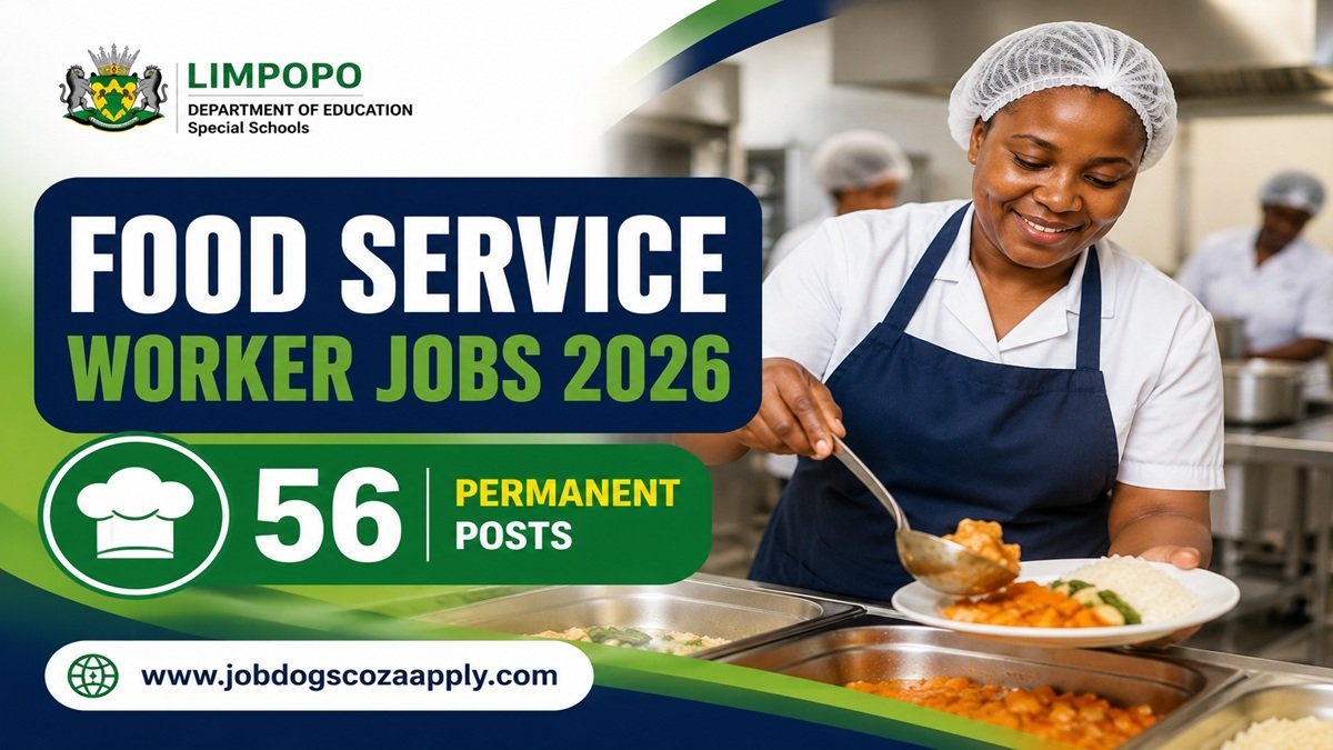 A Food Service Worker prepares and serves freshly cooked meals in a clean school kitchen as part of the Limpopo Department of Education's 2026 recruitment for permanent support staff.