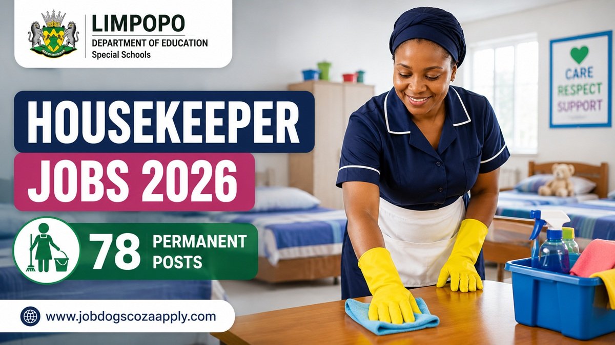 Limpopo Department of Education Special Schools Housekeeper (Female) Vacancies 2026 featured image showing a South African female housekeeper cleaning a public special school hostel room with 78 permanent government job opportunities.