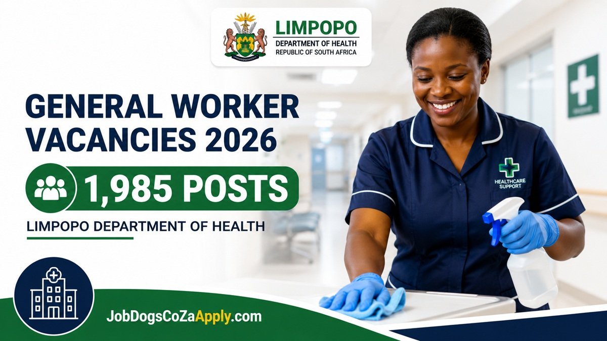 Healthcare support worker cleaning a hospital facility promoting Limpopo Department of Health EPWP General Worker Vacancies 2026 (1,985 Posts) in South Africa.