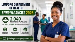 Professional healthcare worker standing in a modern hospital representing Limpopo Department of Health EPWP Vacancies 2026, highlighting 2,040 government job opportunities for ABET and Grade 12 applicants across Limpopo Province.
