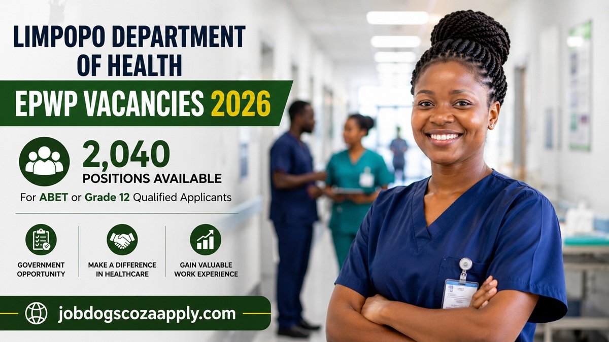 Professional healthcare worker standing in a modern hospital representing Limpopo Department of Health EPWP Vacancies 2026, highlighting 2,040 government job opportunities for ABET and Grade 12 applicants across Limpopo Province.