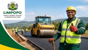 Limpopo Public Works Vacancies 2026 showing road workers, road roller and government infrastructure maintenance jobs in South Africa.