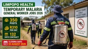 Malaria control workers from the Limpopo Department of Health carrying backpack sprayers during the 2026 recruitment programme offering 350 temporary General Worker jobs with a daily stipend.