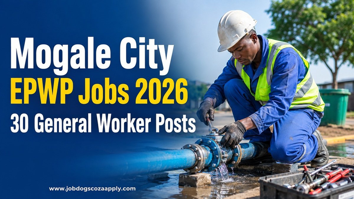 Young South African municipal worker repairing a water pipeline while wearing a reflective safety vest and hard hat, promoting Mogale City EPWP Jobs 2026 with 30 General Worker Posts.