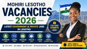 Professional woman with the Lesotho flag promoting Mohiri Lesotho Vacancies 2026, highlighting the latest government, NGO, teaching, healthcare, banking, and private sector jobs in Lesotho.