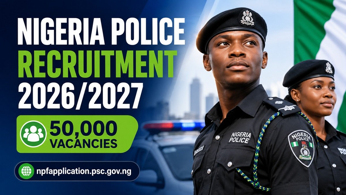 Two confident Nigeria Police officers standing in uniform, representing the Nigeria Police Recruitment 2026/2027 campaign for aspiring applicants across the country.