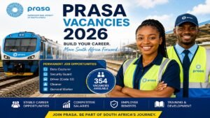 PRASA Vacancies 2026 banner showing a modern passenger train and railway employees promoting permanent job opportunities in South Africa.