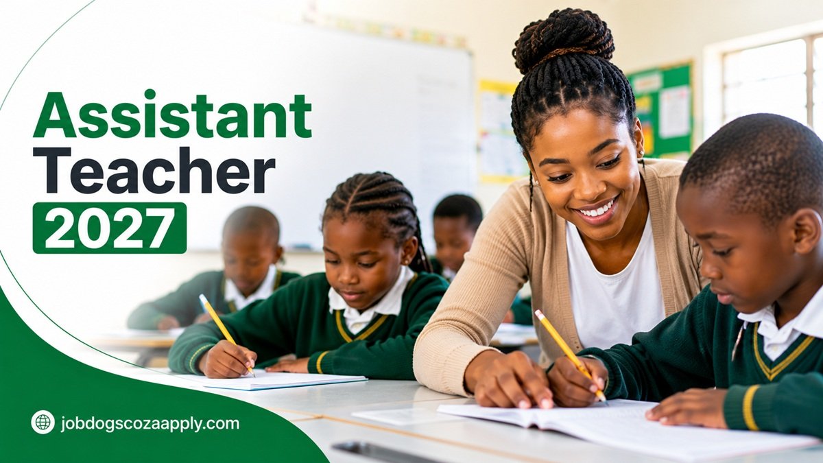 Young South African assistant teacher helping primary school learners in a modern classroom for the Assistant Teacher Application 2027 programme.