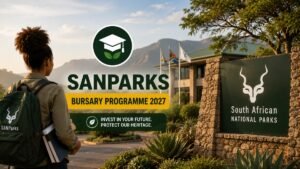 A South African student standing outside the SANParks Head Office, representing the SANParks Bursary Programme 2027 for students seeking financial assistance.