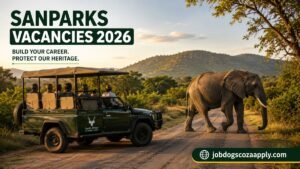 A safari vehicle waits on a road as an elephant crosses in a South African national park, representing SANParks Vacancies 2026.