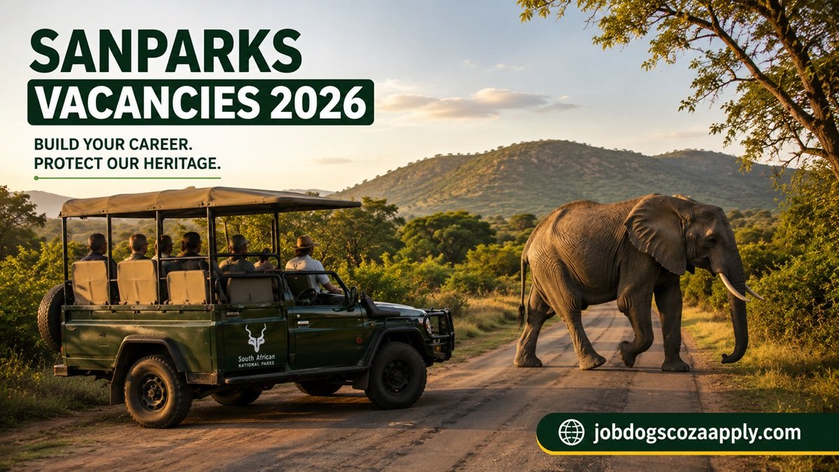 A safari vehicle waits on a road as an elephant crosses in a South African national park, representing SANParks Vacancies 2026.