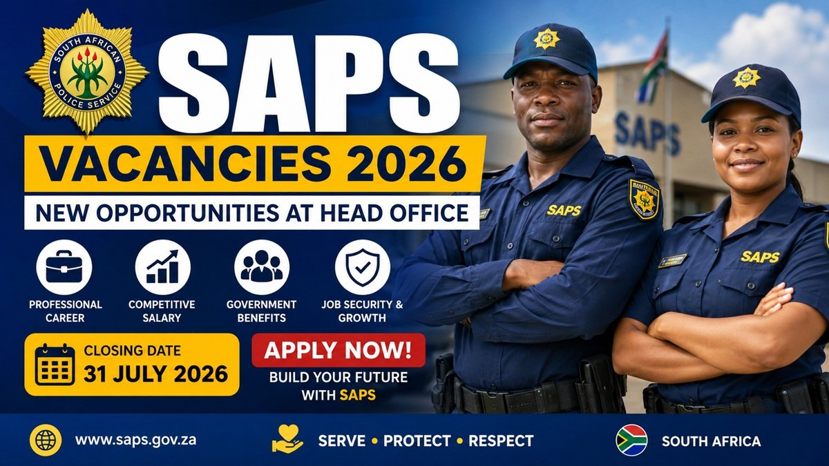 SAPS Vacancies 2026 featured image showing South African Police Service Head Office jobs with salaries up to R1,063,506 per year and application deadline of 31 July 2026.
