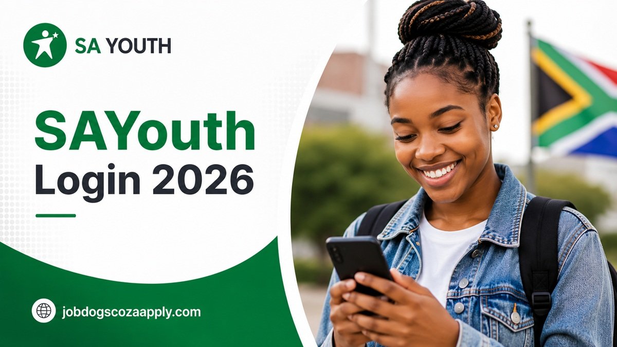 Young South African woman using her smartphone to access SAYouth Login 2026 for jobs, learnerships, internships, and youth employment opportunities.