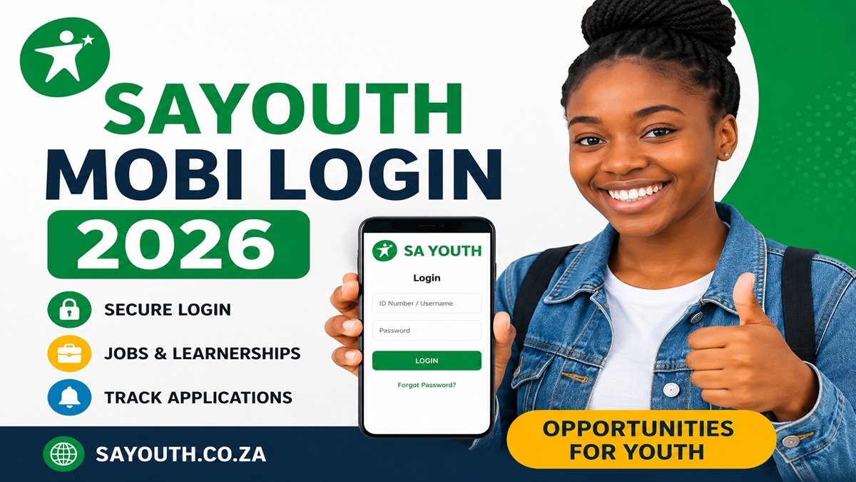 Young South African woman using the SA Youth platform on her smartphone to access SAYouth Mobi Login 2026, explore jobs, learnerships, internships, and career opportunities.