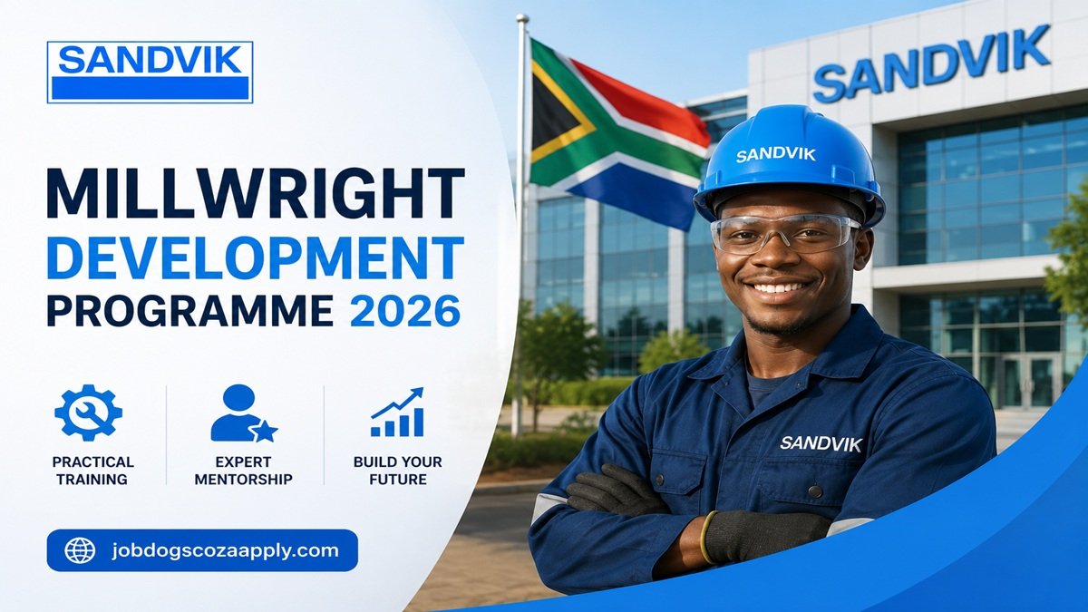 Qualified Millwright graduates standing in front of a modern industrial facility during the Sandvik Millwright Development Programme 2026 in South Africa.