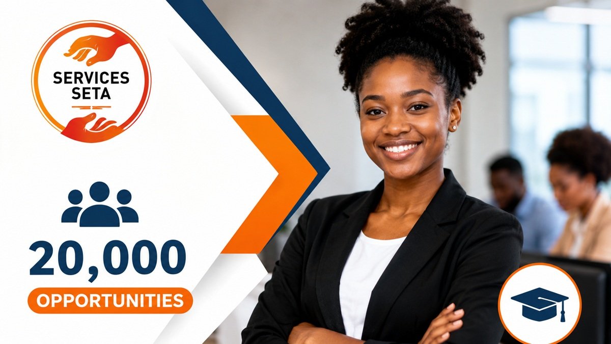 A smiling South African graduate in a professional office setting representing the Services SETA PowerX² Internship Programme 2026, which offers 20,000 internship opportunities for unemployed university and TVET college graduates.