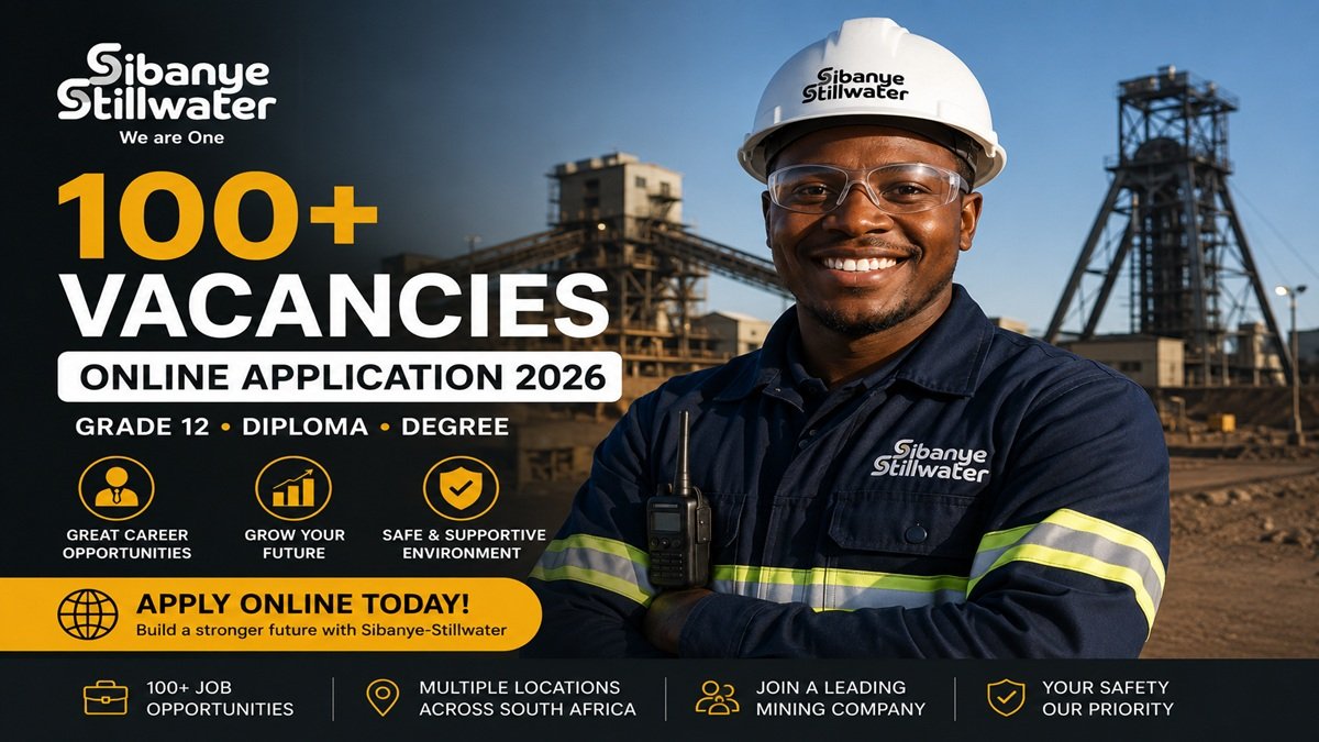 Sibanye Stillwater Vacancies Online Application 2026 promotional image featuring a South African mine worker in safety gear with a mining operation in the background, highlighting 100+ job vacancies for Grade 12, Diploma, and Degree holders.