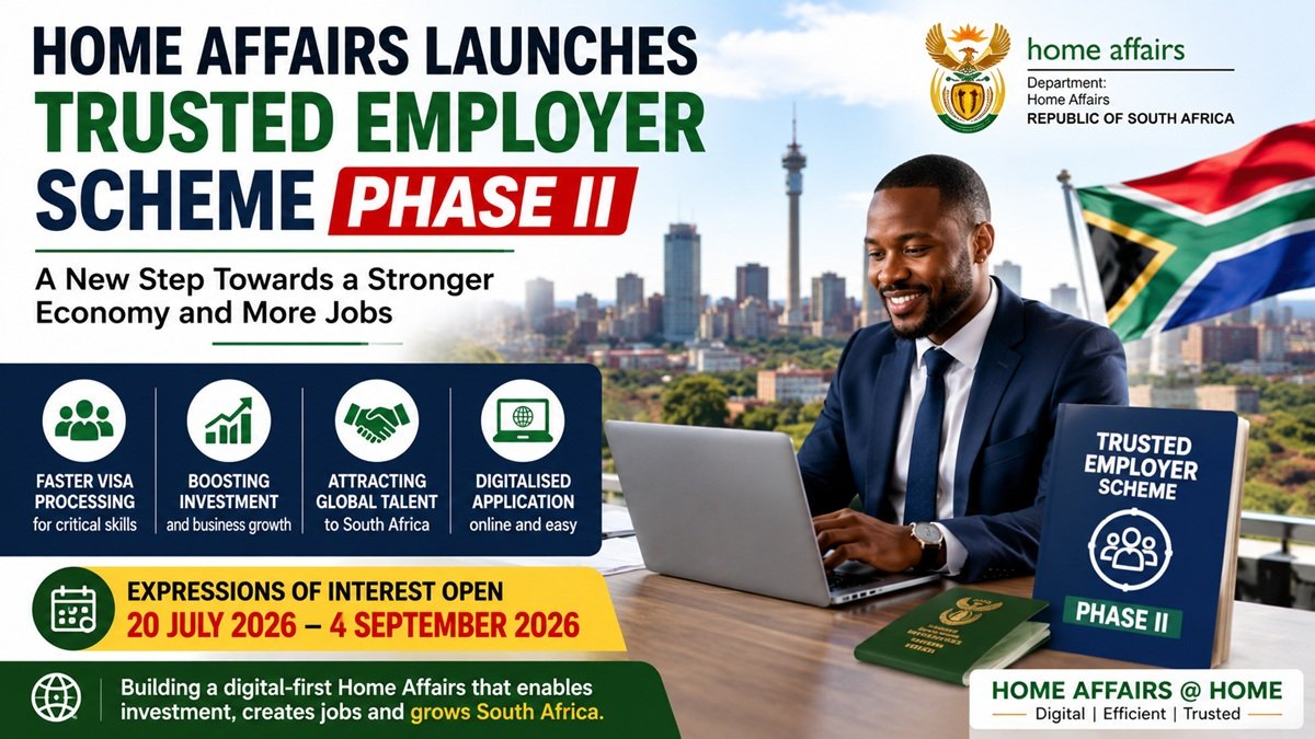 Professional business executive using a laptop with the South African flag and Johannesburg skyline, highlighting the Home Affairs Trusted Employer Scheme Phase II and South Africa's digital immigration system.