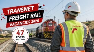 Transnet Freight Rail General Workers standing beside a freight train during the Transnet Vacancies 2026 recruitment drive for 47 fixed-term posts in South Africa.