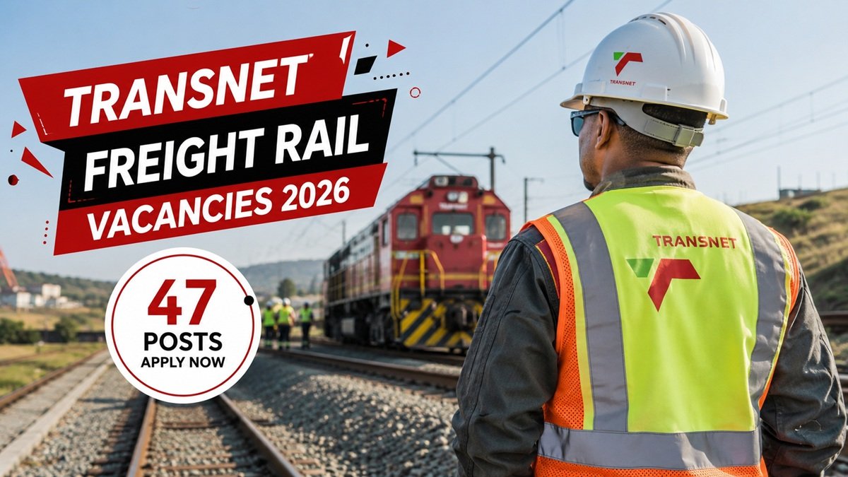 Transnet Freight Rail General Workers standing beside a freight train during the Transnet Vacancies 2026 recruitment drive for 47 fixed-term posts in South Africa.