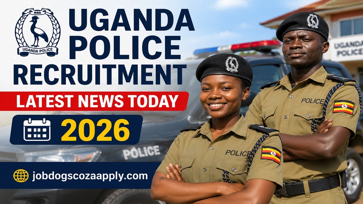 Uganda Police officers standing beside a police patrol vehicle during the latest Uganda Police recruitment update for 2026, highlighting recruitment news for aspiring applicants in Uganda.