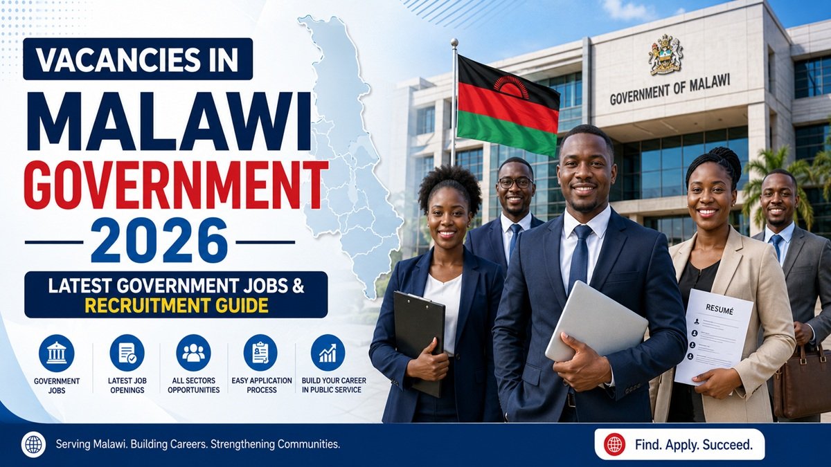 Malawian professionals applying for government jobs in front of a government office with the Malawi flag, representing Vacancies in Malawi Government 2026 and the latest public sector recruitment opportunities.
