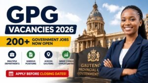 Professional government employee standing in front of a Gauteng Provincial Government building promoting GPG Vacancies 2026 with more than 200 government job opportunities across multiple departments.