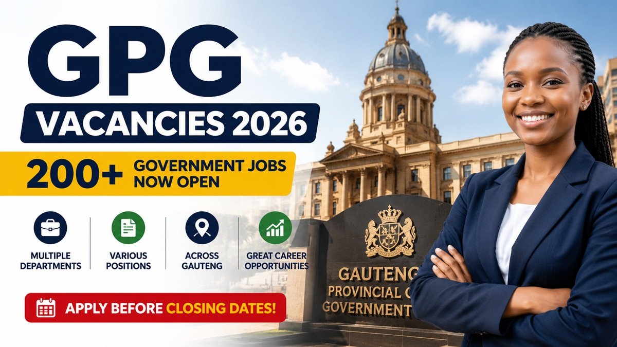 Professional government employee standing in front of a Gauteng Provincial Government building promoting GPG Vacancies 2026 with more than 200 government job opportunities across multiple departments.