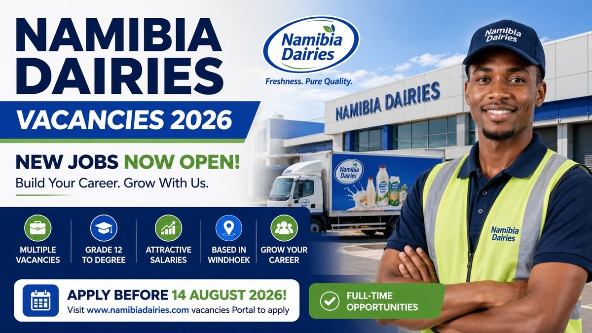 A Namibia Dairies employee standing outside the company's Windhoek production facility with a branded delivery truck, highlighting Namibia Dairies Vacancies 2026 for driver, logistics, production, and merchandiser positions.